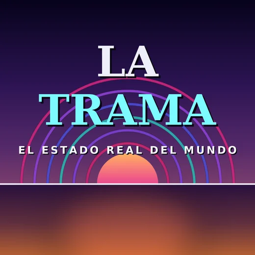 La Trama cover art: blue neon arcs and a rising sun over an indigo sky