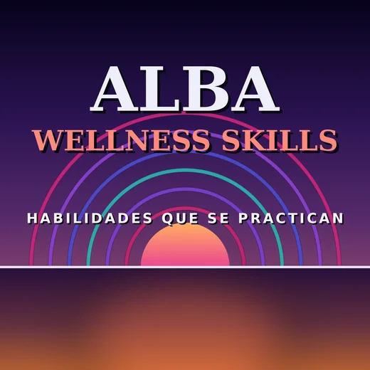 Alba Wellness Skills cover art: coral neon arcs and a rising sun over an indigo sky